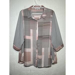 Rose + Olive button down patchwork geometric lightweight‎ blouse womens 1X boho